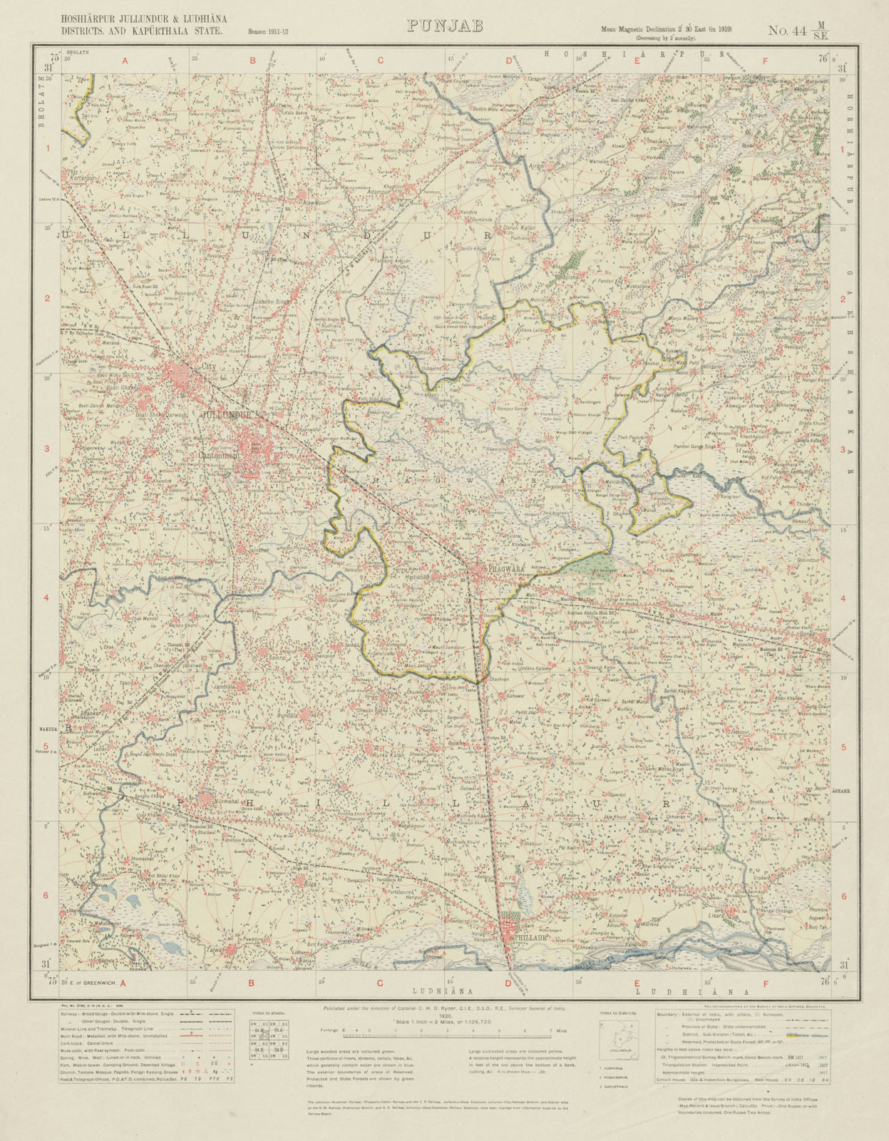 SURVEY OF INDIA 44 M/SE Pakistan Punjab Jalandhar Phillaur Phagwara 1920 map